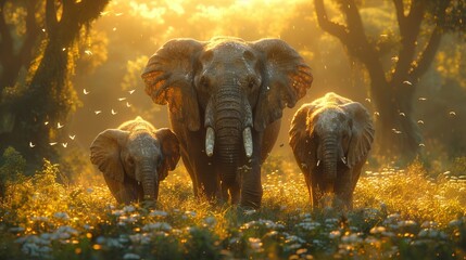 Elephant Family, Heartwarming scene of a family of elephants, emphasizing the strong bonds within the animal kingdom.  - obrazy, fototapety, plakaty