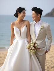 Portrait of a happy bride and groom with a bouquet of flowers getting married on the beach. Wedding photography. close portrait of joyful asian newlyweds walking down the aisle on a beach.