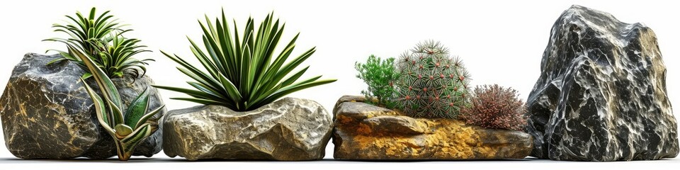 Obraz na płótnie Canvas generic set of modern abstract decor stone rocks with plants for home garden landscaping or public area of spa or desert decoration concepts isolated on white background - Generative AI