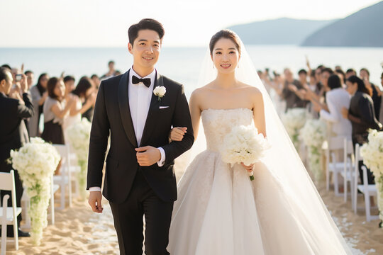 Portrait of a happy bride and groom with a bouquet of flowers getting married on the beach. Wedding photography. close portrait of joyful asian newlyweds walking down the aisle on a beach.
