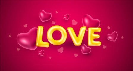 Vector romantic illustration of red color heart with golden word love. 3d style holiday design of word love with heart on red background for Happy Valentine day
