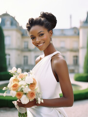 Beautiful african american bride in white wedding dress with bouquet. relaxed bride with sleek hairstyle standing in front of french chateau, chignon, holding small bouquet. Wedding photography.