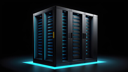 Server room icon 3d or server computers. isolated on a black background. With black copy space. Server room or data center server racks, modern data and Telecommunication center for clou computing