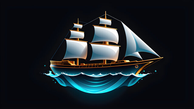 Vintage sail ship icon 3d. pirate ship in the sea. isolated on a black background. With black copy space