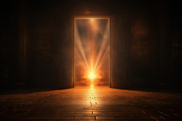 An open door to a space with fire and bright rays. Generated by artificial intelligence