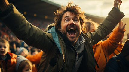 Obraz premium male fan rejoices at the victory of his favorite sports team, created with Generative AI Technology.