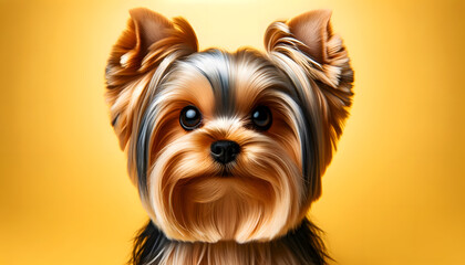 A close-up front view of a Yorkshire Terrier on a yellow background