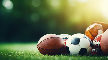 Close up of sports balls on green grass background, side view. Copy space. Sport advertising...