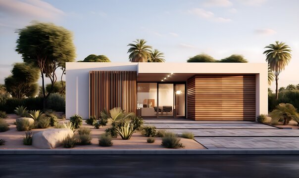 Modern Eco-Friendly Passive House in a New Suburban Desert, a Driveway, and a Landscaped Yard - Powered by Adobe