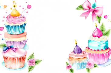Watercolor style happy birthday card, frame, big bow, gift box, small cupcakes, candles, place for inscription