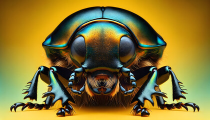 A close-up front view of a scarab beetles on a yellow background