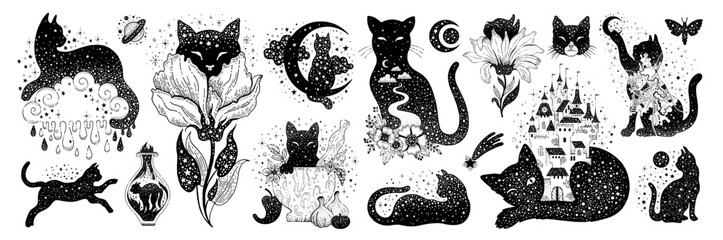 Magic black cats silhouettes. Outline tattoo art, Halloween posters with cute kitties with celestial design and quotes. Concept of witches, esoteric and mystic, vector sketch illustration © Olga Che