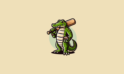 crocodile hold stick bass ball vector logo design