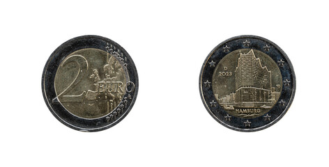 2 Euro coin from Germany, Hamburg 2023, obverse and reverse.