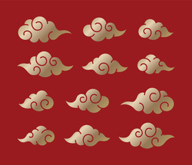 Chinese cloud oriental flat design element collection. Golden gradient filled silhouette style icon on isolated red background. Vector illustration EPS.