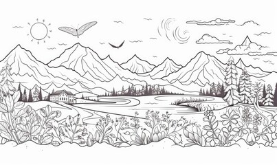 A line drawing of a landscape with mountains and trees