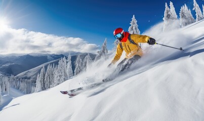 Naklejka na ściany i meble A man riding skis down a snow covered slope