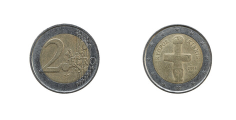 2 Euro coin from Greece, Kibris 2008, obverse and reverse.