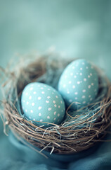 Nest with blue easter eggs. A tranquil aerie cradles the promise of new life, as a delicate blue egg awaits the magic of easter egg decorating