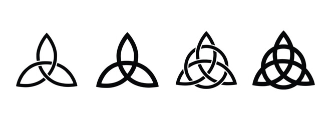 Medieval Celtic knot tattoo ornament set. Celtic, Irish knots silhouettes. Celtic symbols, endless knot shape vector icon, infinite spirit unity symbol, pagan circle tribal symbols graphics isolated - obrazy, fototapety, plakaty