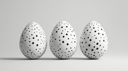 Aesthetic three white monochrome coloured Easter eggs with black dots. White background. Copy space. Generative AI