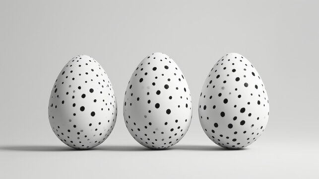 Aesthetic three white monochrome coloured Easter eggs with black dots. White background. Copy space. Generative AI