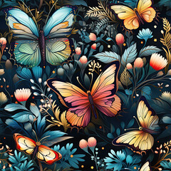seamless pattern with multicolored butterflies and flowers on black background for printing on fabric and textiles