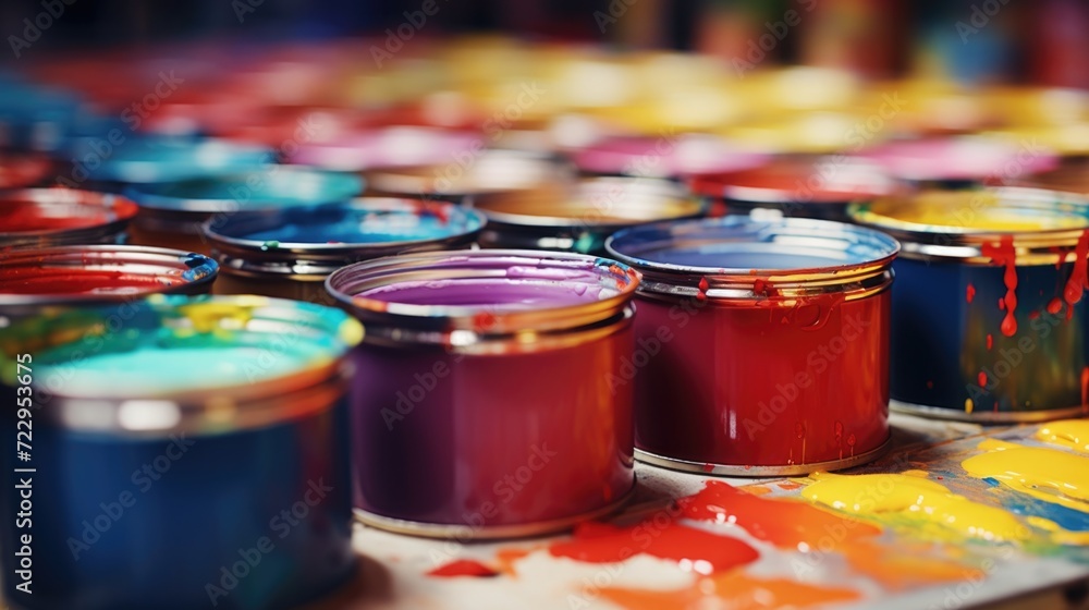 Fototapete a close-up view of multiple paint cans arranged on a table. this versatile image can be used to depi