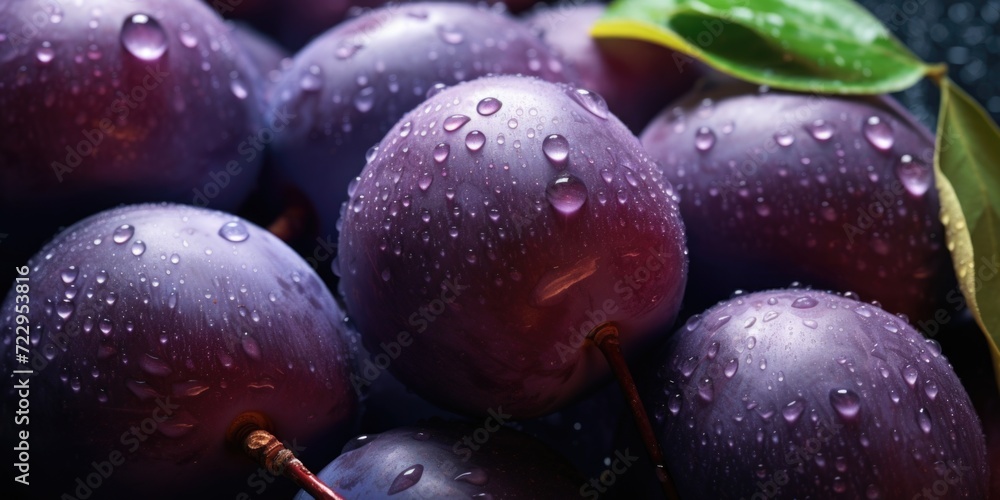 Poster A close up view of a bunch of plums. This image can be used to showcase the vibrant colors and textures of fresh fruit