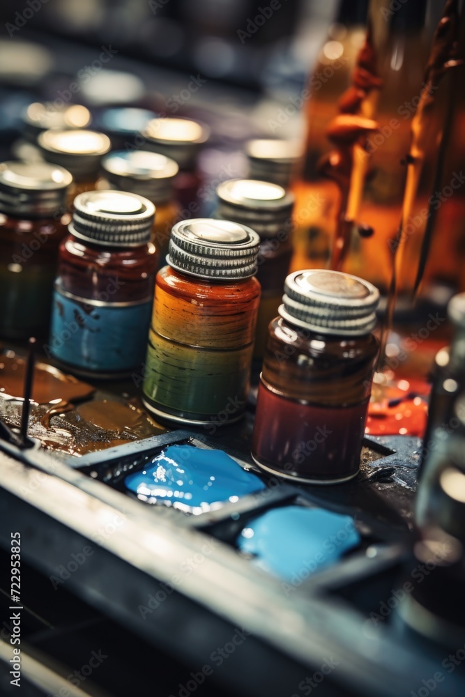 Poster A close-up view of jars of paint placed on a table. This image can be used for various art and creative projects
