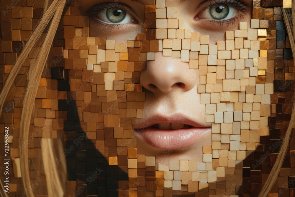 Poster Close up of a woman's face made up of squares. Versatile image for graphic design or technology-related projects