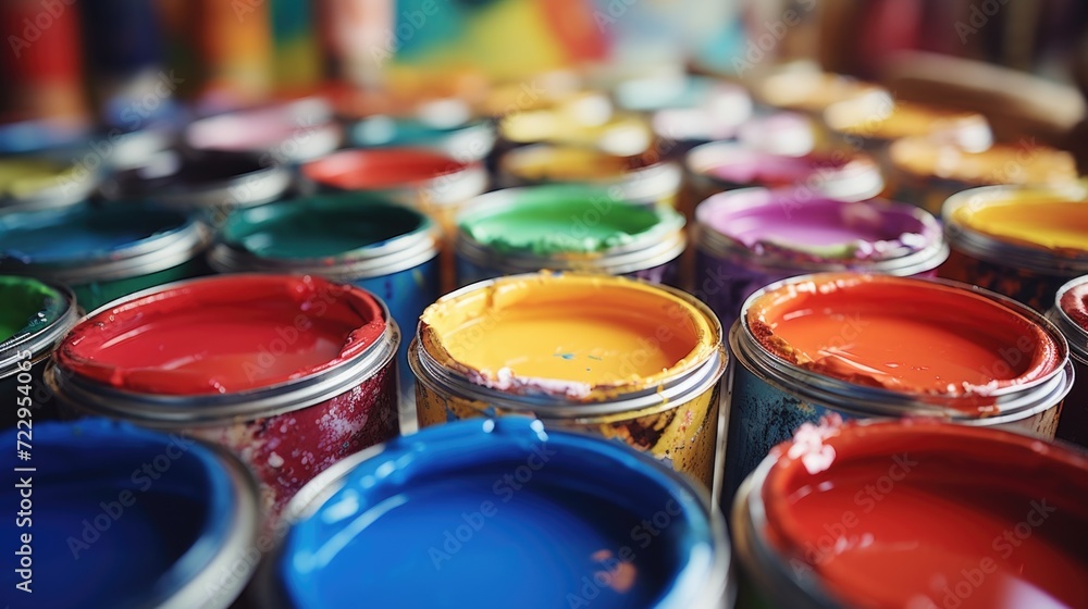 Aufkleber A close up view of a bunch of paint cans. Perfect for interior design projects or DIY tutorials