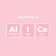 Vector inscription name ALICE composed of individual elements of the periodic table. Text: My name is. Purple background