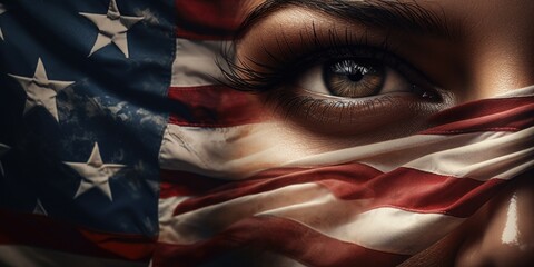 Close-up of a woman's face with an American flag covering her face. Suitable for patriotic themes and national holidays