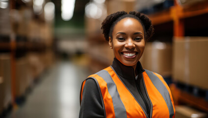 Fototapeta premium Industrial Warehouse Supervisor overseeing shipping communication and inventory management in a bustling factory center.