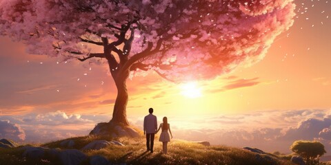 A man and a woman standing together under a tree. Suitable for various uses