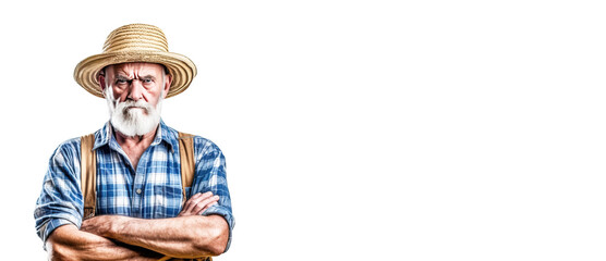 Excited irritated angry male farmer in work clothes, white background isolate. - obrazy, fototapety, plakaty