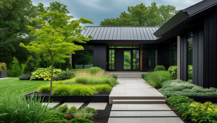 Fototapeta na wymiar black modern home with front patio and walkway