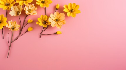 Vibrant yellow flowers on chic pink background - trendy floral decoration
