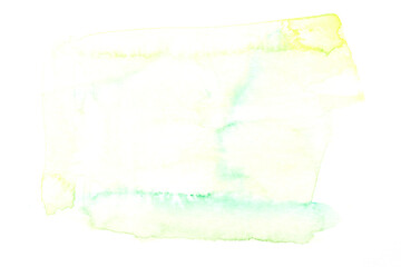 Abstract liquid art background. Green yellow watercolor translucent blots on white paper.