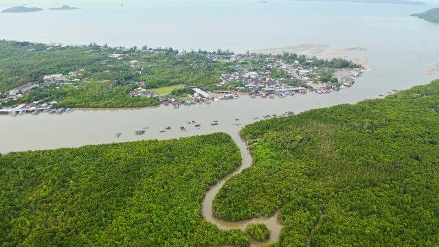 Aerial view of tourist pier at Pakbara, Satun, Thailand.