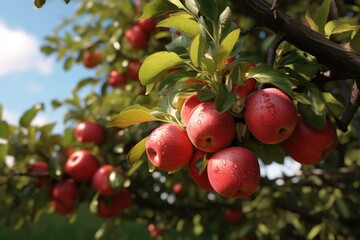 A bunch of red apples hanging from a tree. Perfect for food, harvest, or nature-related projects