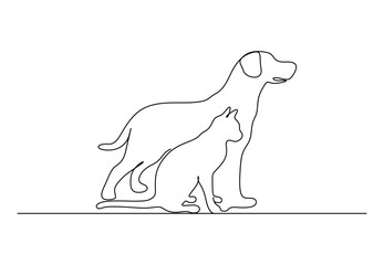 Cat and dog one continuous line drawing. Isolated on white background vector illustration. Free vector