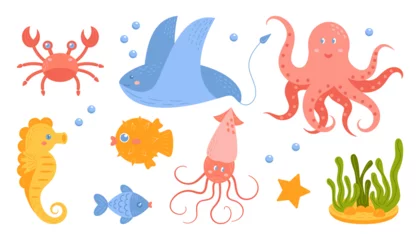 Papier Peint photo Vie marine Set of cute sea animal. Underwater life. Cartoon vector illustration with hand drawn elements. Cute squid, octopus, stingray, fish, crab, seahorse.  Fish and wild sea animals isolated on white