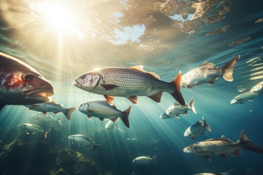 A group of fish swimming in the ocean. This image can be used to depict marine life and underwater ecosystems