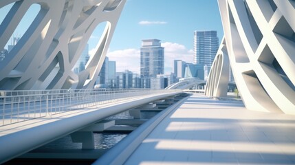 A view of a bridge with a city in the background. Suitable for urban landscapes and cityscape concepts - obrazy, fototapety, plakaty