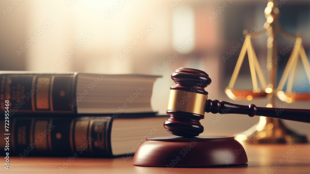 Poster a wooden gavel placed on a table alongside a stack of books. this image can be used to represent con