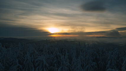Morning, sunrise on Radziejowa mountain in Beskid Sądecki, Poland, Europe