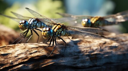 Two dragonflies sitting on top of a log. Can be used for nature or wildlife-themed designs
