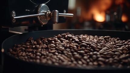 A roasting pan filled with coffee beans. Perfect for illustrating the coffee roasting process and the aroma of freshly roasted coffee. - Powered by Adobe